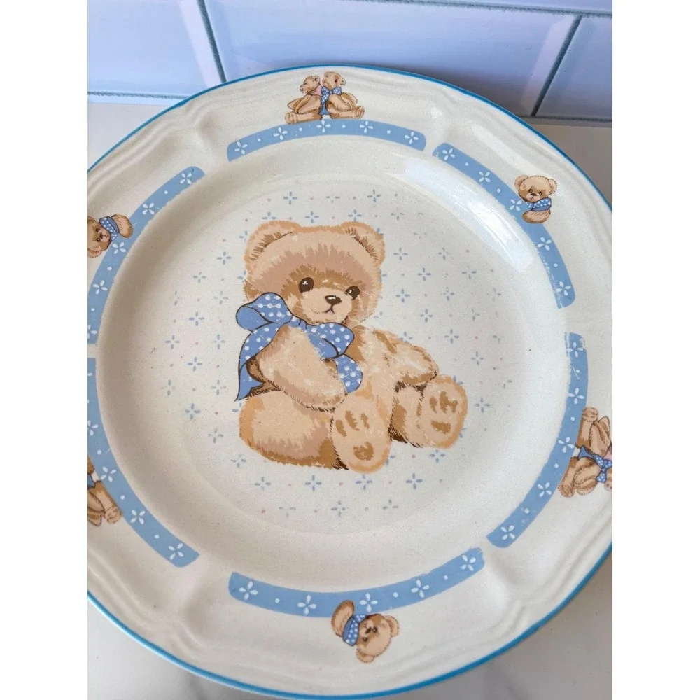 Vtg Tienshan Country Teddy Bear Ceramic Plates Set of 7‎ Blue Bow Stoneware